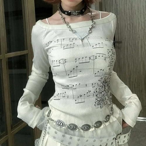 Grunge Off Shoulder Tops Women Long Sleeve Fitted 2000s Goth Emo Music Shirt Teen Girls Vintage Y2k Graphic Tee thumbnail 5