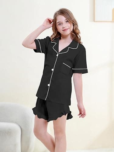 QZH.DUAO 3 Piece Girls Pajama Sets 100% Cotton Ruffle Long Pants with Shorts Sleepwear 3pcs Button Down PJs 5-14 Years thumbnail 3