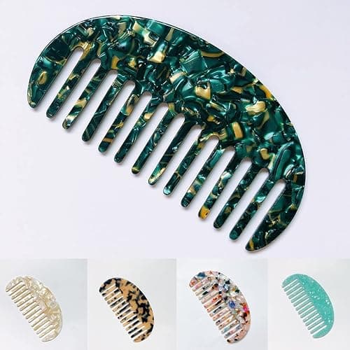 Cherjoury Wide Tooth Hair Comb Marble Acetate Anti-Static Detangling Hairbrush Jade White thumbnail 8