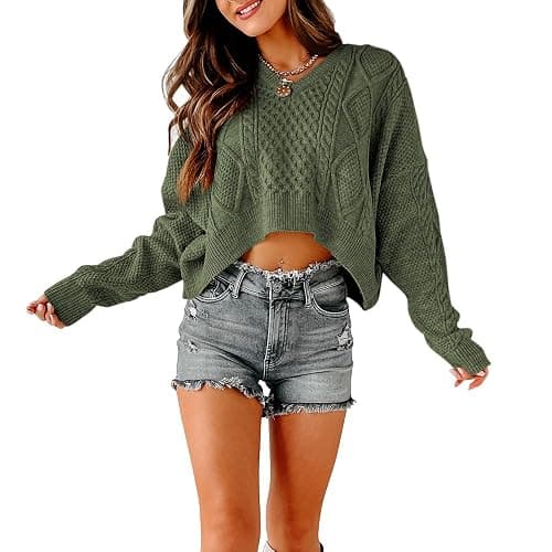 Tankaneo Women's V Neck Cropped Sweater Long Sleeve Crop Top Cable Knit Oversized Pullover Sweater thumbnail 4