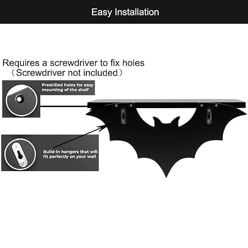 Bat Shelf Floating Shelves for Wall,15.5 inch Wall Shelf with 3 Key Hooks,Black Shelves for Living Room Bedroom Kitchen Gothroom thumbnail 4