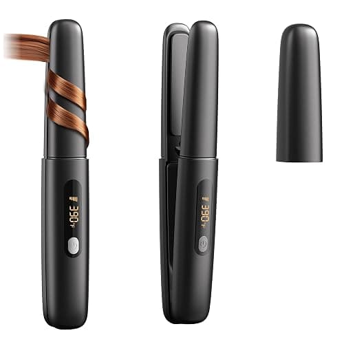 Cordless Hair Straightener Curler 2 in 1 Ceramic Flat Iron Mini Portable Fast Heating 30s 4500mAh Battery 4 Temp Adjustments LCD Display USB Rechargeable for Women Men with Pouch (Black) - Image 1