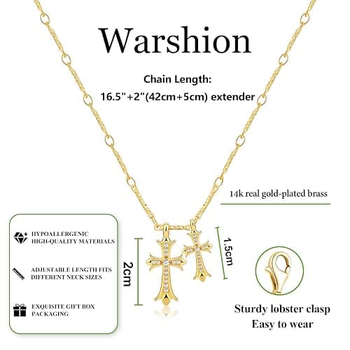 Warshion Cross Necklace 14K Gold/Silver Plated Double Cross Pendant Necklace Dainty Diamond Cross Charm Link Chain Choker Delicate Faith Jewelry Religious Gifts for Women thumbnail 4
