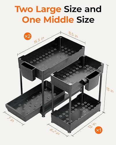 Sevenblue 3-Pack 2-Tier Under Sink Organizers with Sliding Drawers | Multi-use kitchen & bathroom storage, 12.8 inch black cabinet organizer, space-saving sliding drawer design. thumbnail 2