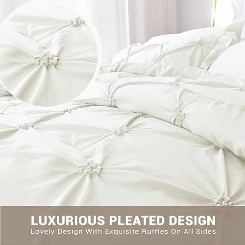 JOLLYVOGUE Ivory Full Size Comforter Sets 7 Pieces, Pintuck Bed in a Bag Comforter Set for Bedroom, Bedding Comforter Sets with Comforter, Sheets, Ruffled Shams & Pillowcases thumbnail 3