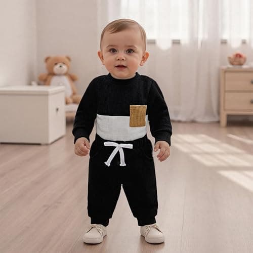 allshope Newborn Baby Boy Fall Outfit Romper Long Sleeve Solid Jumpsuit Bodysuit Elastic Waist Pants Infant Waffle Clothes thumbnail 2