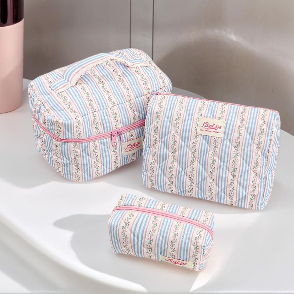 Quilted Makeup Bag Set for Girls Women - 3Pcs Cute Floral Cotton Makeup Bag, Large Aesthetic Floral Cosmetic Bags Coquette Flower Travel Toiletry Organizer for Daily thumbnail 3