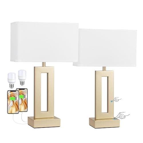 Seealle Bedroom Table Lamps Set of 2 - Touch Bedside Lamps with USB C+A, 3 Way Dimmable Gold Lamp for Nightstand, Modern Night Stands Lamps for Living Room End Tables Desk Bed Side Study Room(16.4n) thumbnail 8