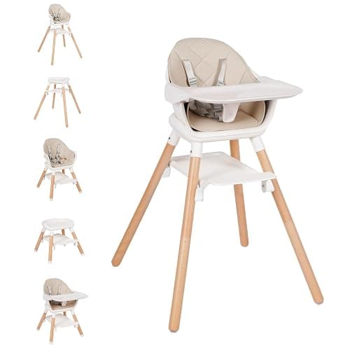 Komcot High Chair, 6 in 1 Convertible High Chairs for Babies and Toddlers | Wooden Baby High Chair, Toddler Highchair with Double Tray & Reversible Footrest, 5-Point Harness Baby Feeding Chair, Beige - Image 1