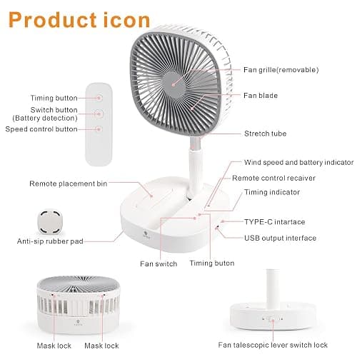 Magesh Portable Pedestal Fan - Foldaway Standing Fan Foldable Desk Fan, Use 7200Mah Rechargeable Battery, Remote Control Telescopic 4 Speed Quiet Timer Fan for Home Kitchen Outdoor Camping (White) thumbnail 6