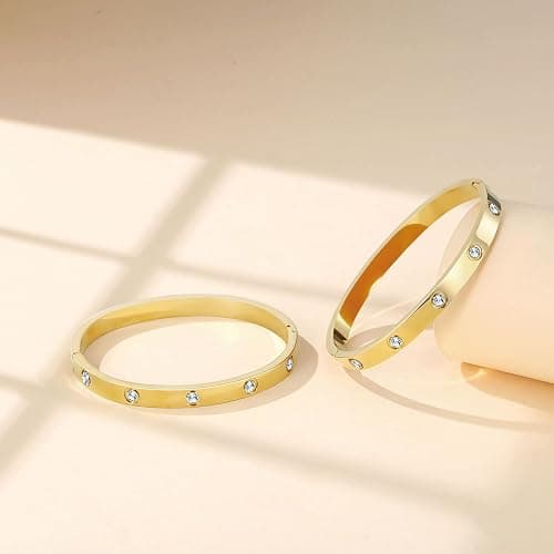 Kenizum 2Pcs 18K Gold-Plated Love Bangle Bracelets set for Women, Stainless Steel Cubic Zirconia Bangle Crystal Friendship Jewelry, Easter Wedding Birthday Gifts for Girlfriend, Wife, Monther thumbnail 4