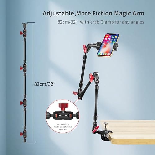 GOINWAVE Adjustable Articulating Magic Arm with Clamp and Phone Holder Clip for Desk Mount, Desk Stand, Cell Phone Tripod thumbnail 2