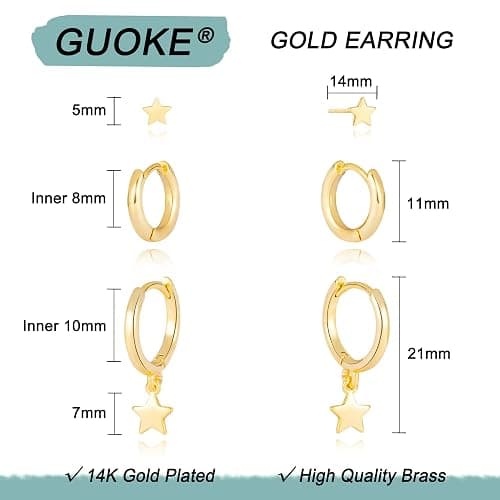 GUOKE 3 Pairs Small Hoop Earring Stacks, 14K Gold/Silver/Black/Rose Gold Plated Pearl Heart Butterfly Bow Star Moon Leaf CZ Hoop Charm Huggie Earrings Trendy Jewelry Gift for Women thumbnail 6