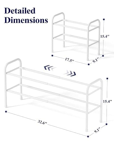 Kitsure Extendable Shoe Rack - 2-Tier Adjustable Metal Shoe Organizer, Sturdy Rust-Resistant Shoe Shelf for Entryway, Closet, or Bedroom, 17.5"–32.6" x 9.1" x 15.4", White thumbnail 2