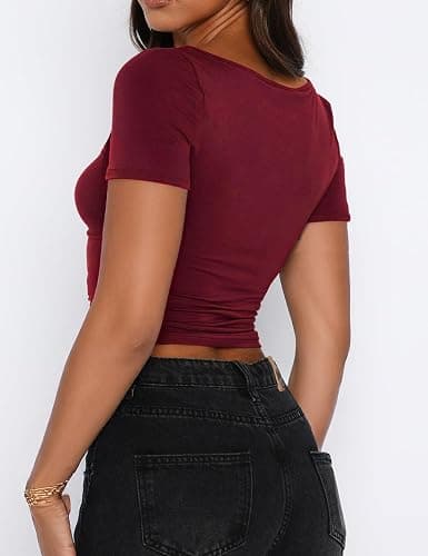 TiulZial Women's Short Sleeve Going Out Crop Top Sexy Pleated Cute Shirt Sweetheart Neck Y2K Ruched Cropped Tops thumbnail 4