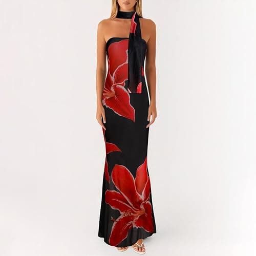 Women Floral Tube Maxi Dress with Scarf Summer Strapless Tube Bodycon Mesh Layer Cocktail Party Wedding Guest Dress thumbnail 5