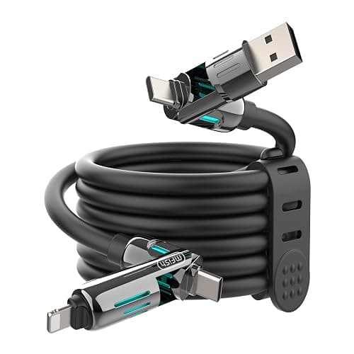 MFish 4-in-1 USB Charging Cable with Carrying Case, 240W Fast Charger Cord, USB-A & Dual USB-C to USB-C/Lightning, for iPhone 17/16/15/14, iPad, MacBook & More (Rich Black) - Image 1