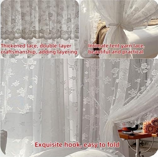 VHBVDFC Lace Three-Door Bed Curtains, Extended Floor-Length Bed Canopy, Mosquito Net with Metal Brackets, Four-Corner Bed Covers(White,Large) thumbnail 7