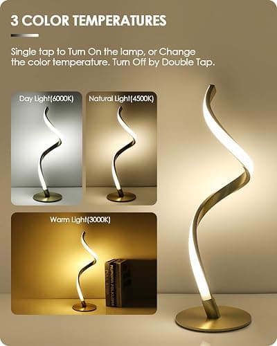 Yarra-Decor Modern Spiral Bedside Lamp - 3 Colors Touch Control LED Table Lamp, Stepless Dimmable Nightstand Lamps for Bedroom Living Room & Office, Gold(3000K 4000K 5000K) thumbnail 4