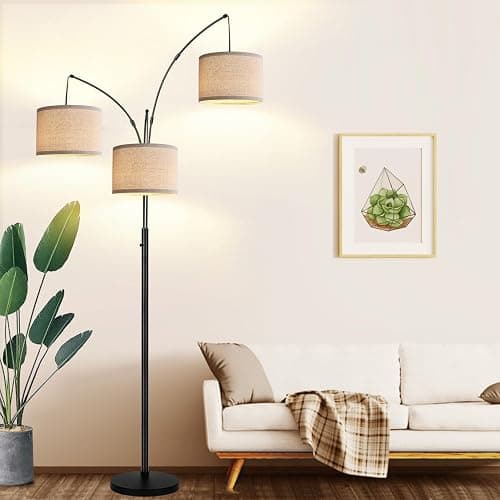 Dimmable Floor Lamp - 3 Lights Arc Floor Lamps for Living Room, 1000LM Modern Tall Standing Lamp With Beige Shades & Heavy Base, Mid Century Tree Floor Lamp for Bedroom Office, 3 LED Bulbs Included - Image 1