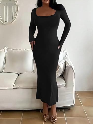 HBQ Women's Bodycon Maxi Dress Long Sleeve Square Neck Lounge Dresses Sexy Night Out Party Dress thumbnail 3
