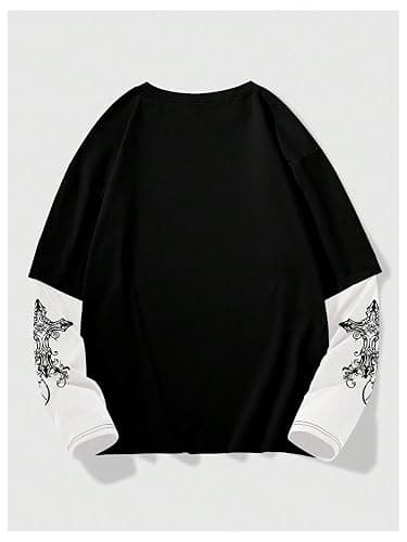 GORGLITTER Men's Y2k Goth Shirt Jersey Letter Graphic Color Block Oversized Long Sleeve Crewneck Vacation Tee Tops thumbnail 2