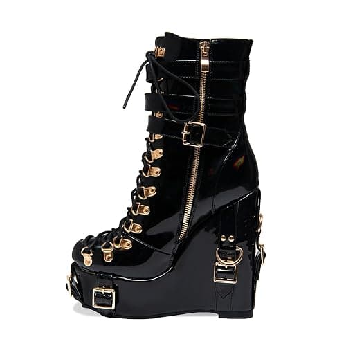 Heronticy Women's Black Patent Lace-Up Ankle Bootie with Gold Buckles, Platform Wedge Heel, and Side Zipper thumbnail 2