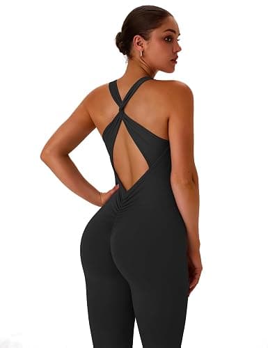 TDIFFUN Flare Workout Jumpsuits for Women One Piece Sleeveless Scrunch Butt Lifting Gym Bodysuit Sexy Backless Yoga Outfits thumbnail 3