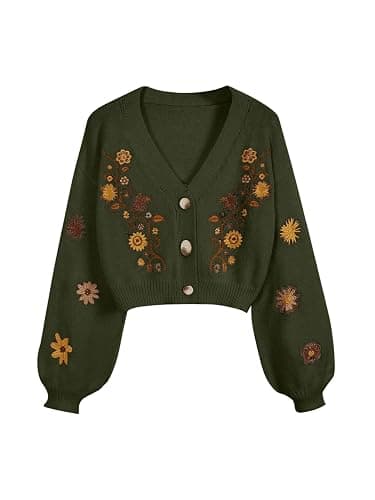 BEAUDRM Women's Floral Boho Cardigan Sweater Cottagecore Cropped Cardigan Western Embroidery Button Down Sweates Knit Top - Image 1