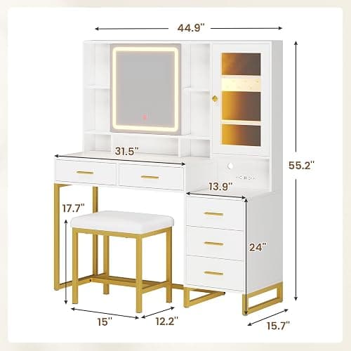 BTHFST Makeup Vanity with Upholstered Stool & Charging Station, Vanity Desk with Mirror and Lights, Vanity Table Set with Jewelry Storage & RGB Lights & 5 Drawers & Shelves, White & Gold thumbnail 2