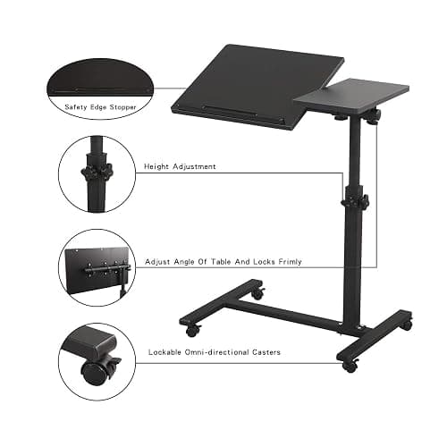 TigerDad Overbed Bedside Desk Mobile Rolling Laptop Stand Tilting Overbed Table with Wheels Height Adjustable Tray Table for Laptop Bed Sofa Side Table (Black) thumbnail 4