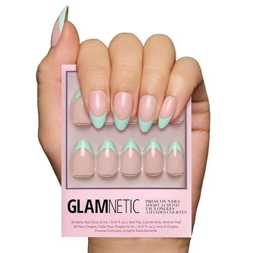 Glamnetic Press On Nails - Pistachio Crème | Short Almond Fake Nails with Mint Blue French Tips and Glossy Finish, Salon Quality | 15 Sizes - 30 Nail Kit with Glue - Image 1