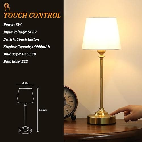 Cordless Table Lamp Rechargeable Gold - 1 Pack Brass 4000mAH Battery Operated Lamp for Decor, 3000K Stepless Dimming Touch Control Wireless Lamp for Bedroom, Dining Table, Counter, Living Room thumbnail 6