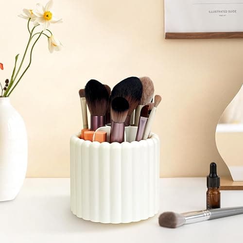Mounting UP 360 Rotating Makeup Brush Holder Office Supplies Holder 7 Slots Make Up Brush Organizer Removable Spinning Cosmetic Brushes Storage Pen Holder for Vanity, White Dresser, Desk,BT-W-UK thumbnail 2