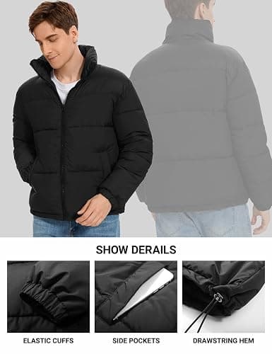 PEHMEA Men’s Puffer Jacket Stand Collar Zipper Coat with Pockets Retro Bubble Outwear for Winter thumbnail 4