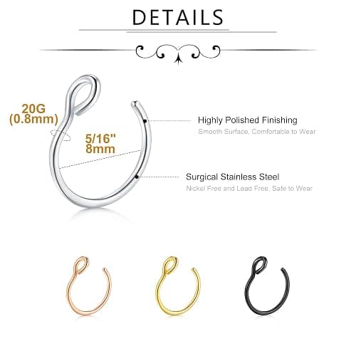 MODRSA Fake Nose Ring Hoop D Shape Fake Septum Piercing Non Pierced Septum Ring Clip on Lip Rings Faux Earring Stud for Men Faux Lip Piercings Jewelry for Women Halloween Jewelry thumbnail 2
