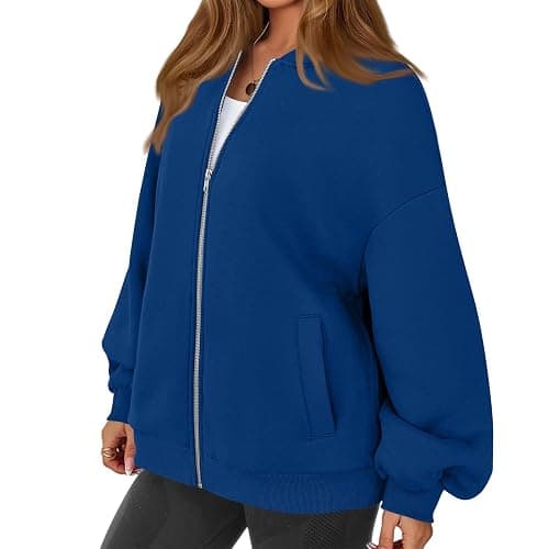 EOPUING Zip Up Jacket No Hood Casual Spring Fall Lightweight Oversized Bomber Jacket Women Hoodless Sweat Jacket thumbnail 4