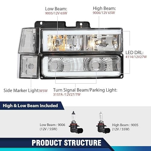 PIT66 LED DRL Headlight Assembly, Compatible with 1994-1998 Chevy C10 C/K 1500 2500 3500 Fit 94-99 Chevy Tahoe Suburban w/Turn Signal Lamps Bumper Lights Corner Lamps Clear Lens Chrome Housing thumbnail 5