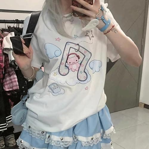 RILGOU Harajuku Pastel Kawaii Gothic Cartoon Cat Music Angel Print T-Shirt | Cutecore, Vintage Casual Style, Streetwear, Athleisure, Cotton Materials, Loose Fit, Crewneck Short Sleeve, For Daily Wear thumbnail 4