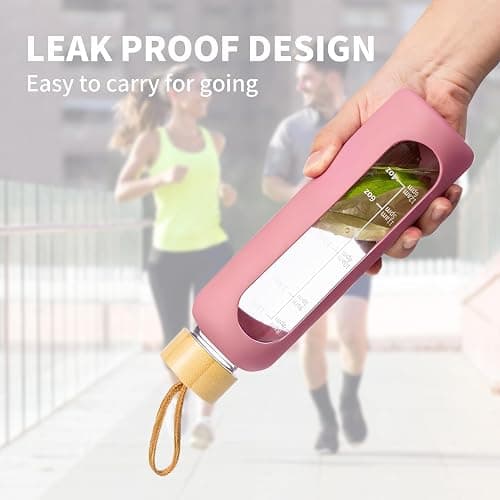 Glass Water Bottles 18oz/550ML, Water Bottle with Time Marker, Leakproof Glass Water Bottles with Silicone Sleeves, Suitable for Offices and Gyms, Pink thumbnail 6