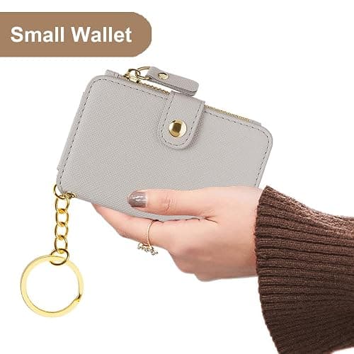 M-Plateau Wallet, Womens card Holder Leather Keychain Wallet With Zipper Coin Pocket ID Window Wrist Strap Gift Box (Beige) thumbnail 9