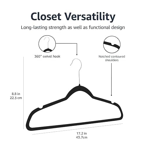 Amazon Basics Slim Velvet Non-Slip Space Saving Suit Clothes Hangers, Closet Organizer, Black/Silver, 100-Pack thumbnail 3