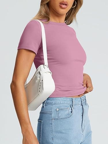 Trendy Queen Womens Basic T Shirts Summer Tops 2025 Crop Short Sleeve Slim Fit Tee Cute Gym Workout Clothes - Medium - Mauve thumbnail 3