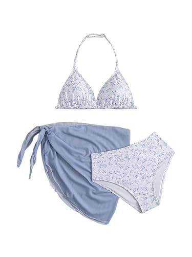 Milumia Girl's 3 Piece Bikni Set Ditsy Floral Halter Swimsuit with Cover Up Skirts - Image 1