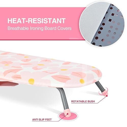 APEXCHASER Small Ironing Board with Iron Holder, Compact Ironing Board with Non-Slip Feet, Portable Tabletop Ironing Board with Cotton Cover for Small Spaces and Travel, Pink, P1232D5-16Pink - Pink - With Holder thumbnail 6