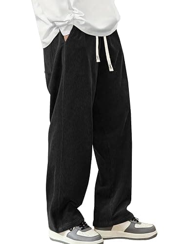 Hidkat Mens Corduroy Casual Pants Fashion Loose Fit Wide Leg Pants Straight Sweatpants Elastic Waist Drawstring thumbnail 4