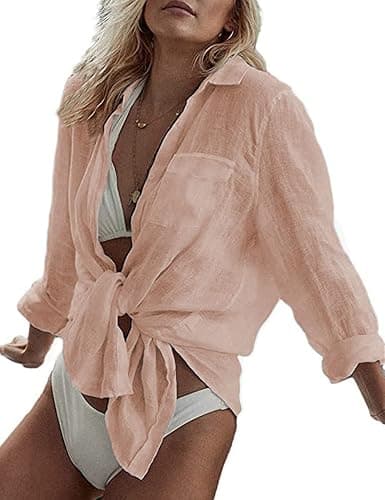Zicozy Beach Coverup for Women, Swimsuit Coverup Long Sleeve, Linen Bikini Cover Up Shirt, Bathing Suit Cover Ups for Pool - Light Pink - Image 1