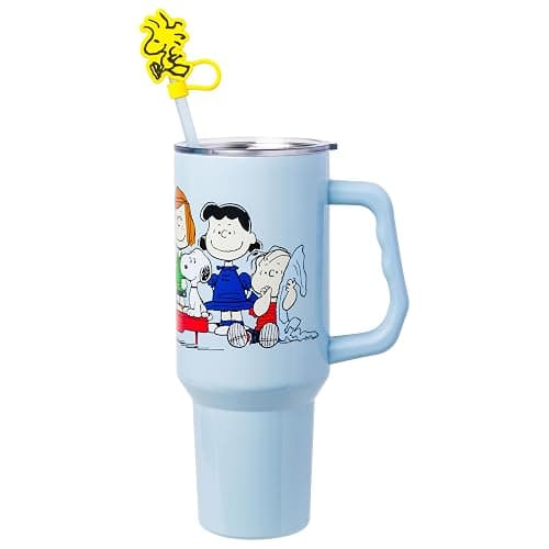 Silver Buffalo Peanuts Gang Charlie Brown, Snoopy, Woodstock, Lucy, Sally, Linus, Double Walled Stainless Steel Tumbler with Handle, Straw, and Straw Cap, Fits in Standard Cup Holder, 40 Ounces - Image 1