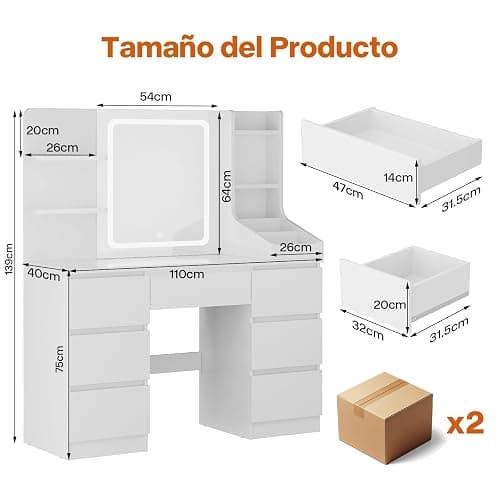 Airfish Tocador Grande, Tocador de Maquillaje Moderno con Espejo LED y 3 Tonos, Brillo Ajustable, Mesa de Maquillaje con 4 Estantes y 7 Cajones, 3 Compartimentos Abiertos (Blanco) thumbnail 2