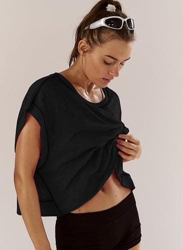 Kumufenc Women Short Sleeve Workout Shirts Open Back Tops Casual Yoga Y2k Athletic Gym Slouchy Crop Running Tees thumbnail 4